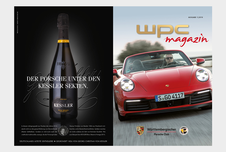 WPC Magazin, Titel rote Porsche Cabrio, Rückseite Kessler Sekt