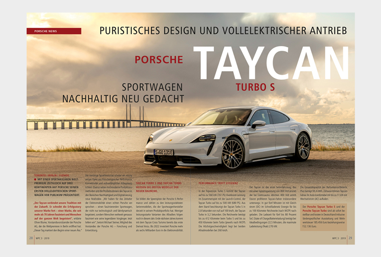 WPC Magazin, Doppelseite Porsche Taycan im Sonnenuntergang am Strand